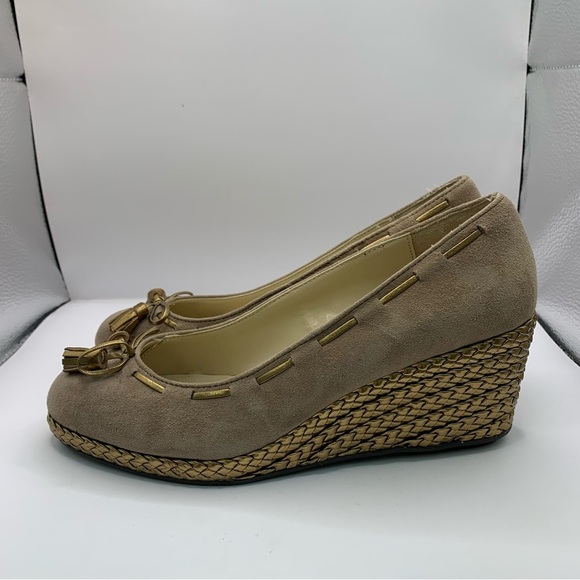 Ralph Lauren Tan Cambree Tassel Bow Braided Woven Gold Heel Wedge  Womens Sz 8 - Picture 1 of 8